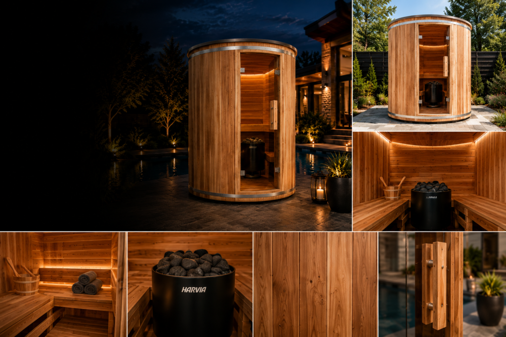 R3X Premium Vertical Barrel Outdoor Sauna exterior view showing tall cedar barrel design