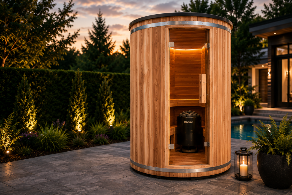 R3X Vertical Barrel Outdoor Sauna installed near pool in residential garden