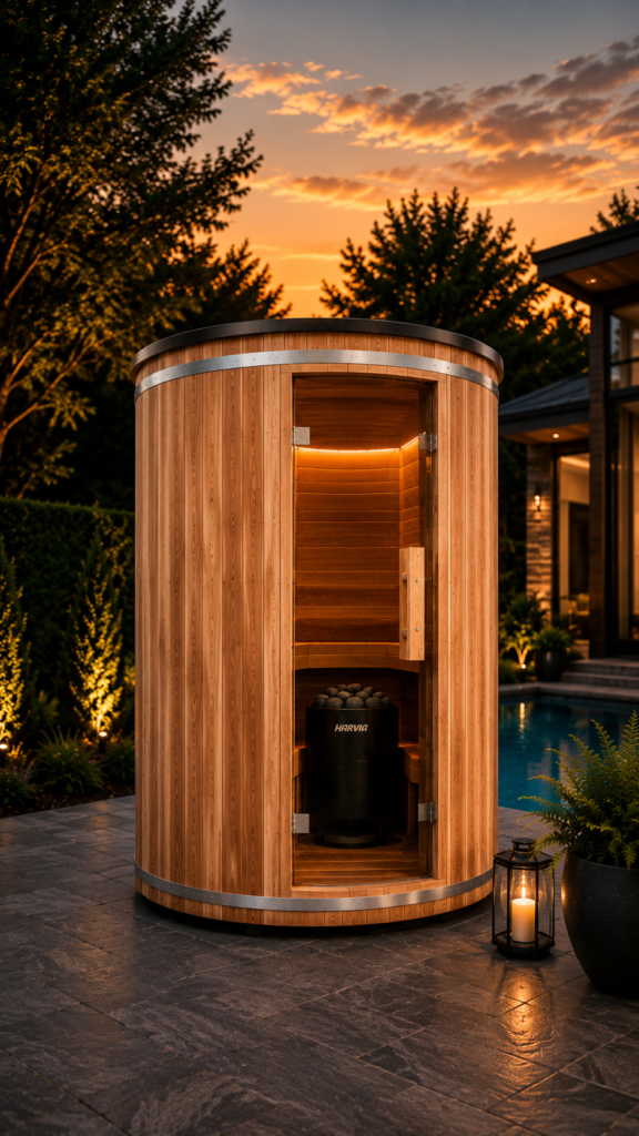 Interior view of R3X Vertical Barrel Outdoor Sauna showing spacious seating for 4 people