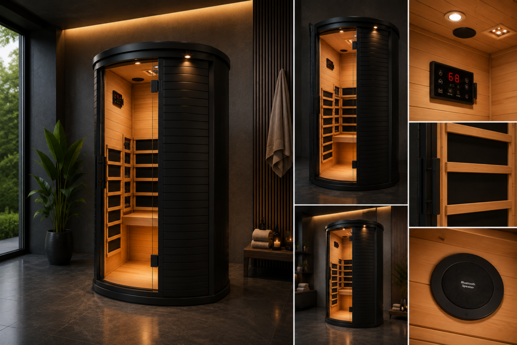 R3X FRB-1T1 Infrared Sauna exterior view with black Japanese cedar finish and gray glass door