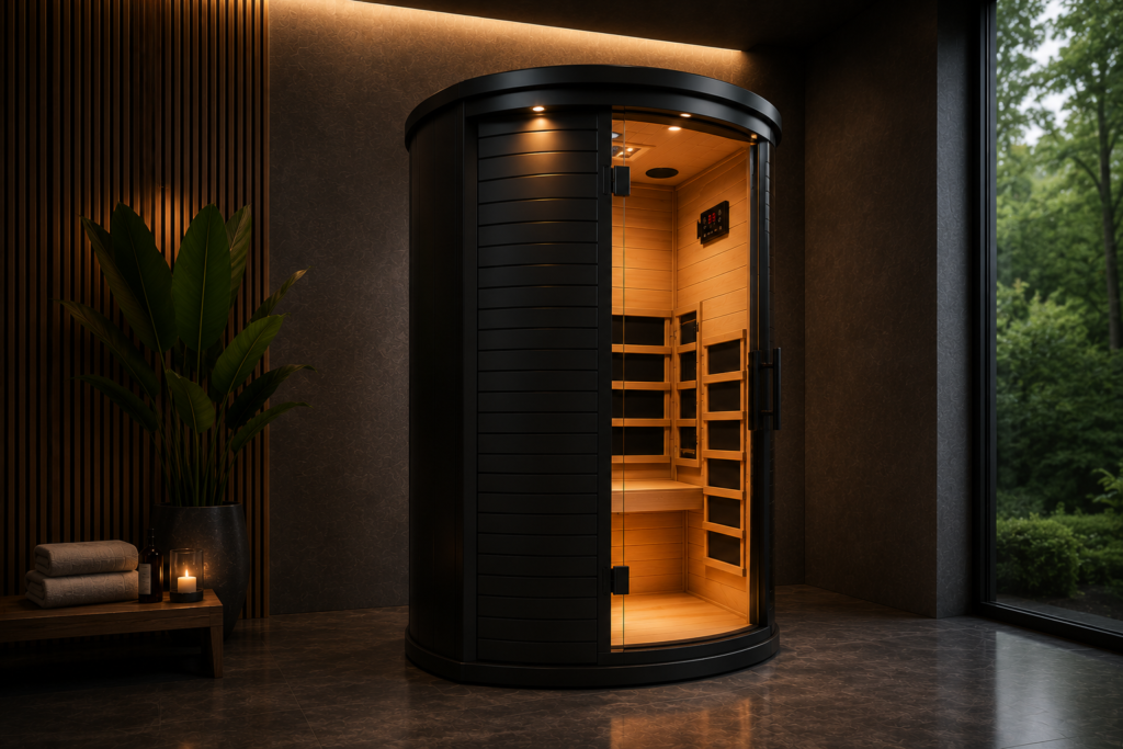 Interior of R3X FRB-1T1 Infrared Sauna showing hemlock wood panels and infrared heating elements
