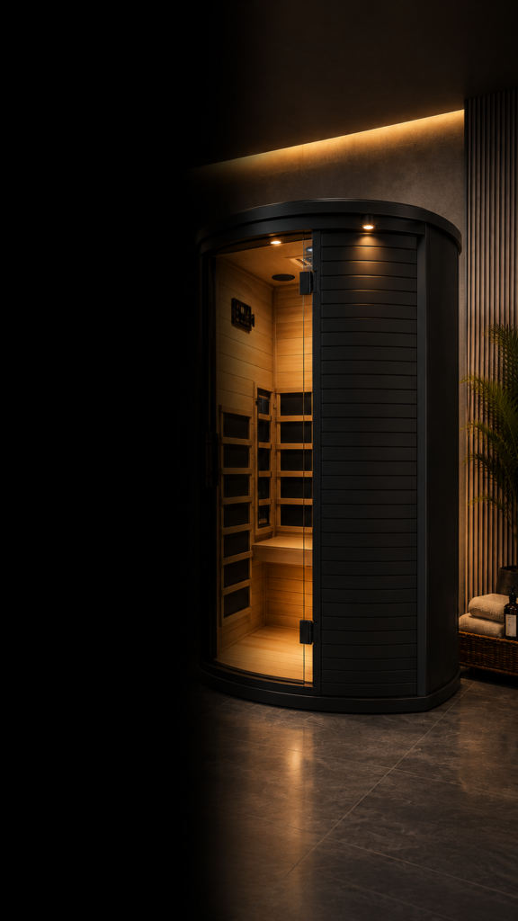 Side view of R3X FRB-1T1 Infrared Sauna showing compact single-person design