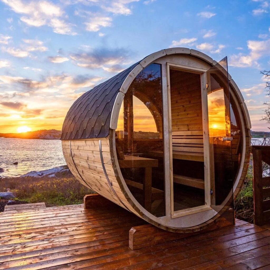 Interior bench seating of R3X Outdoor Barrel Sauna crafted from premium cedar wood