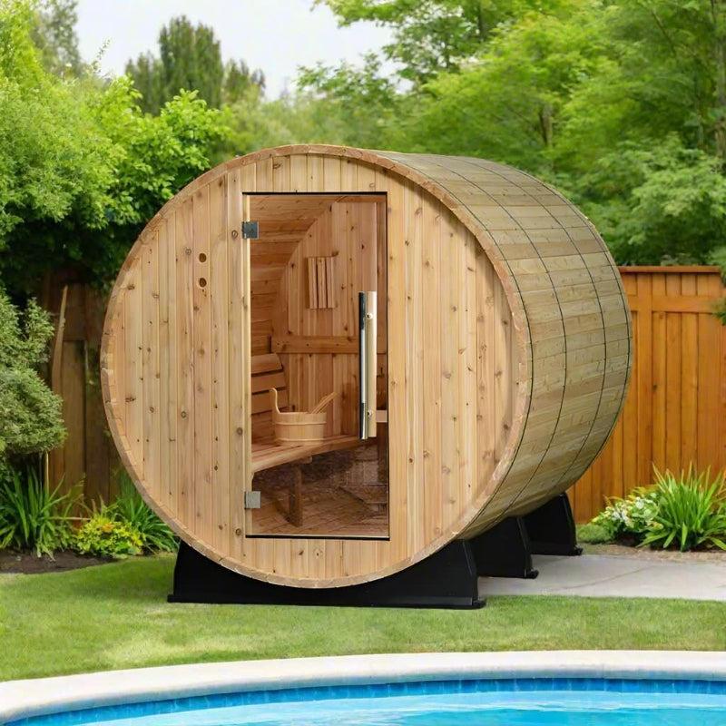 R3X Premium Outdoor Barrel Sauna in rustic cedar showing classic barrel shape
