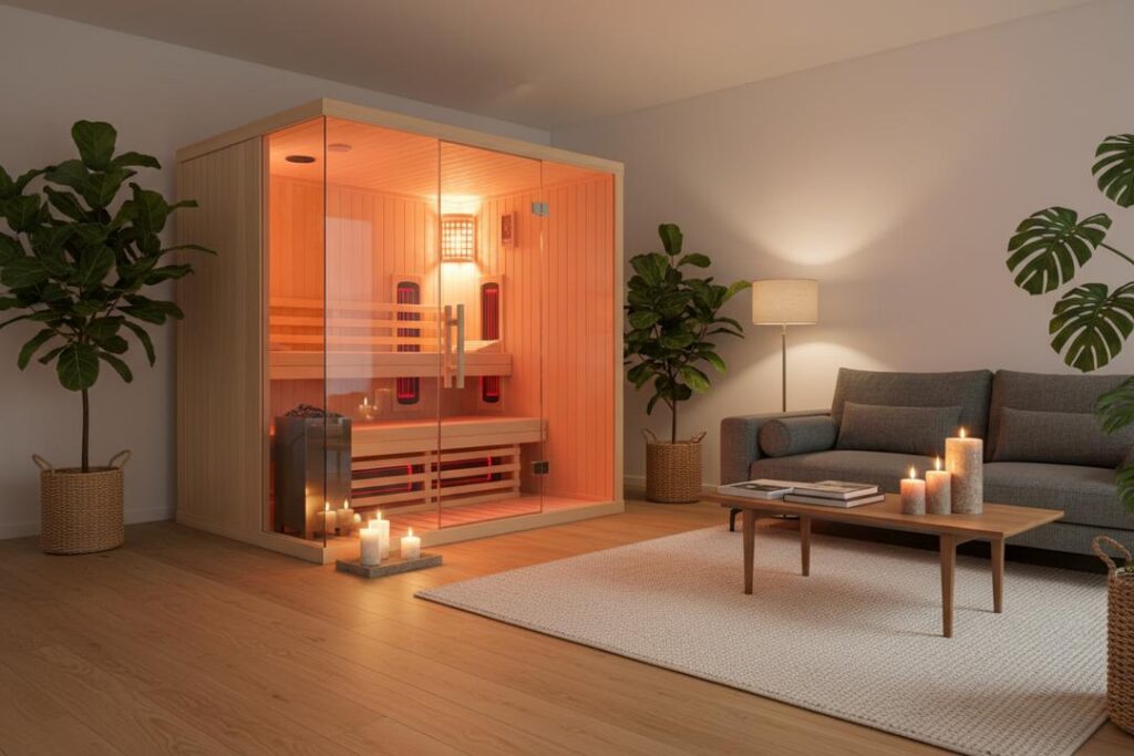 Interior seating area of R3X Premium Indoor Sauna showing cedar wood benches